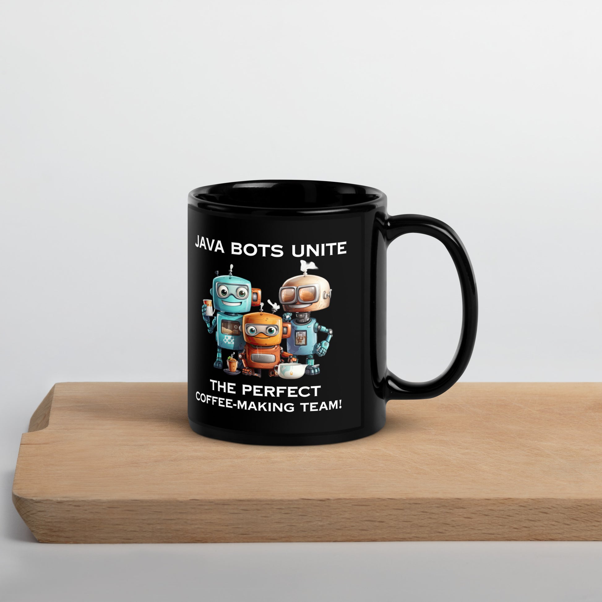 Black 11oz robot coffee mug with a group of robot baristas that reads ‘Java Bots Unite: The Perfect Coffee-Making Team!’