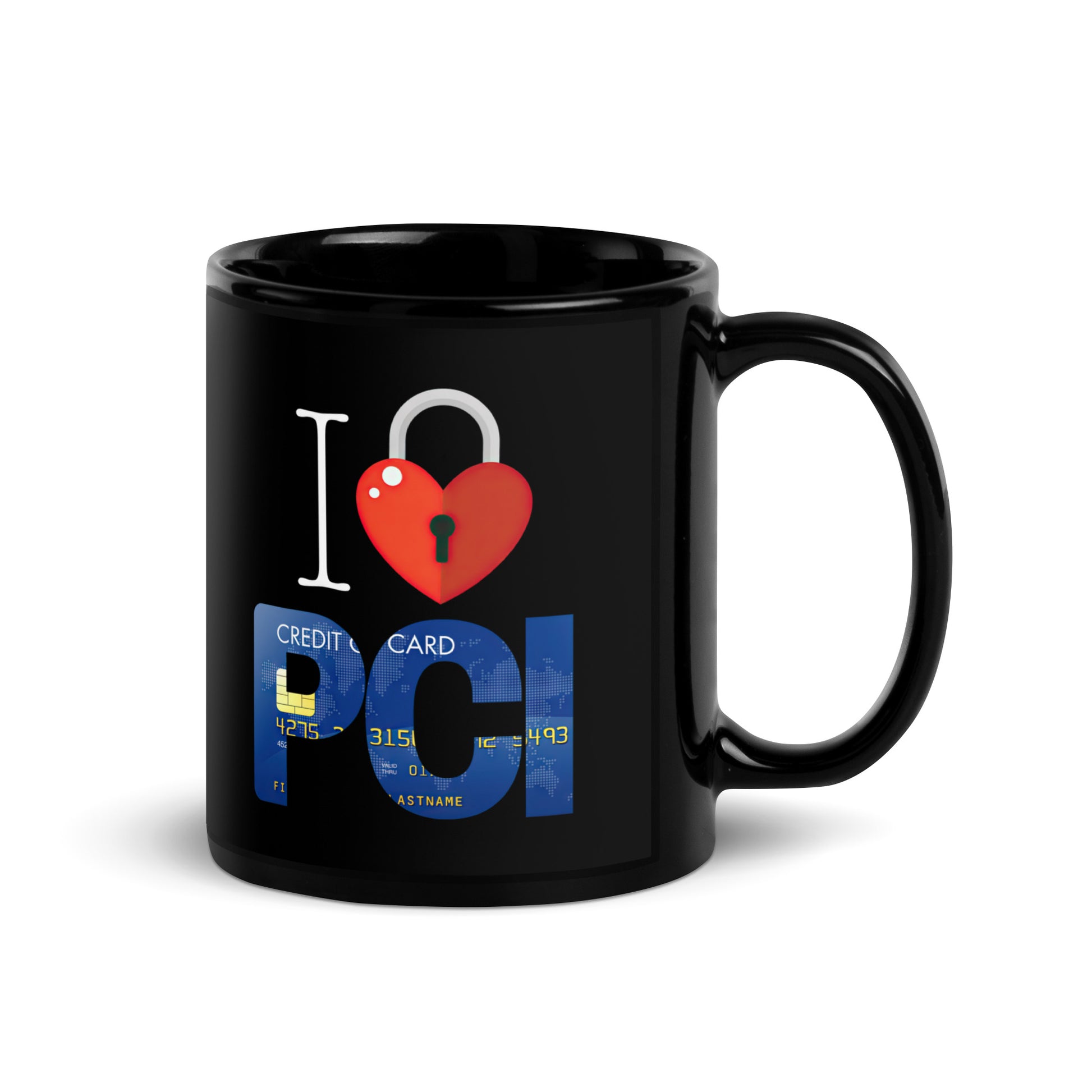 Black 11oz tech humor coffee mug with an I Love NY style design that reads ‘I Love PCI’ with handle on right.