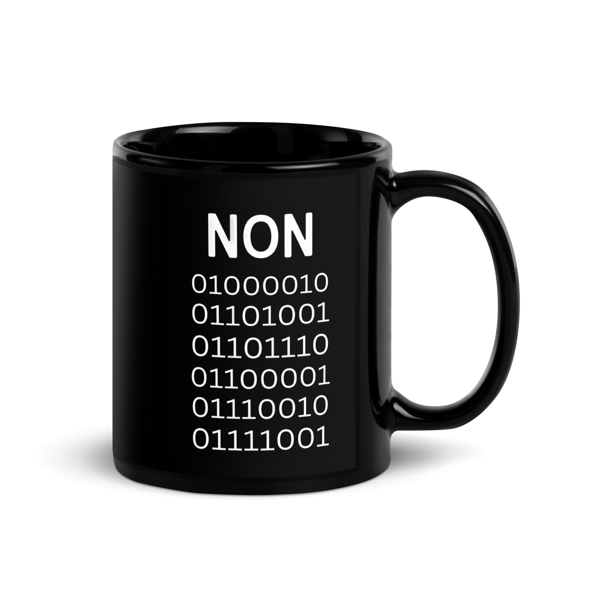 Black 11oz tech humor coffee mug with ‘Binary’ displayed in code under the word “Non’ with handle on the right.