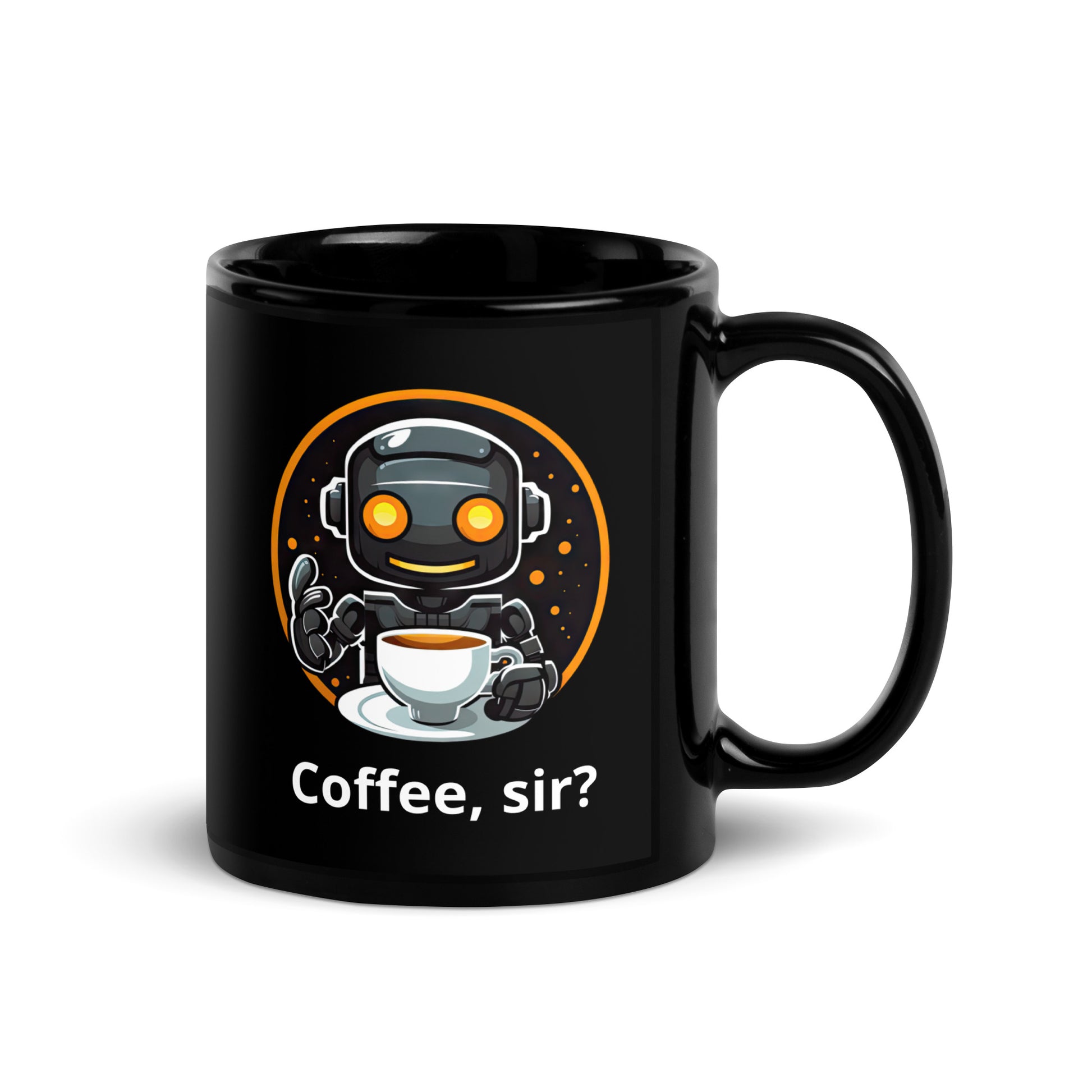 Black 11oz robot themed coffee mug featuring a robot barista design with the slogan “Coffee, sir?” with handle on the right