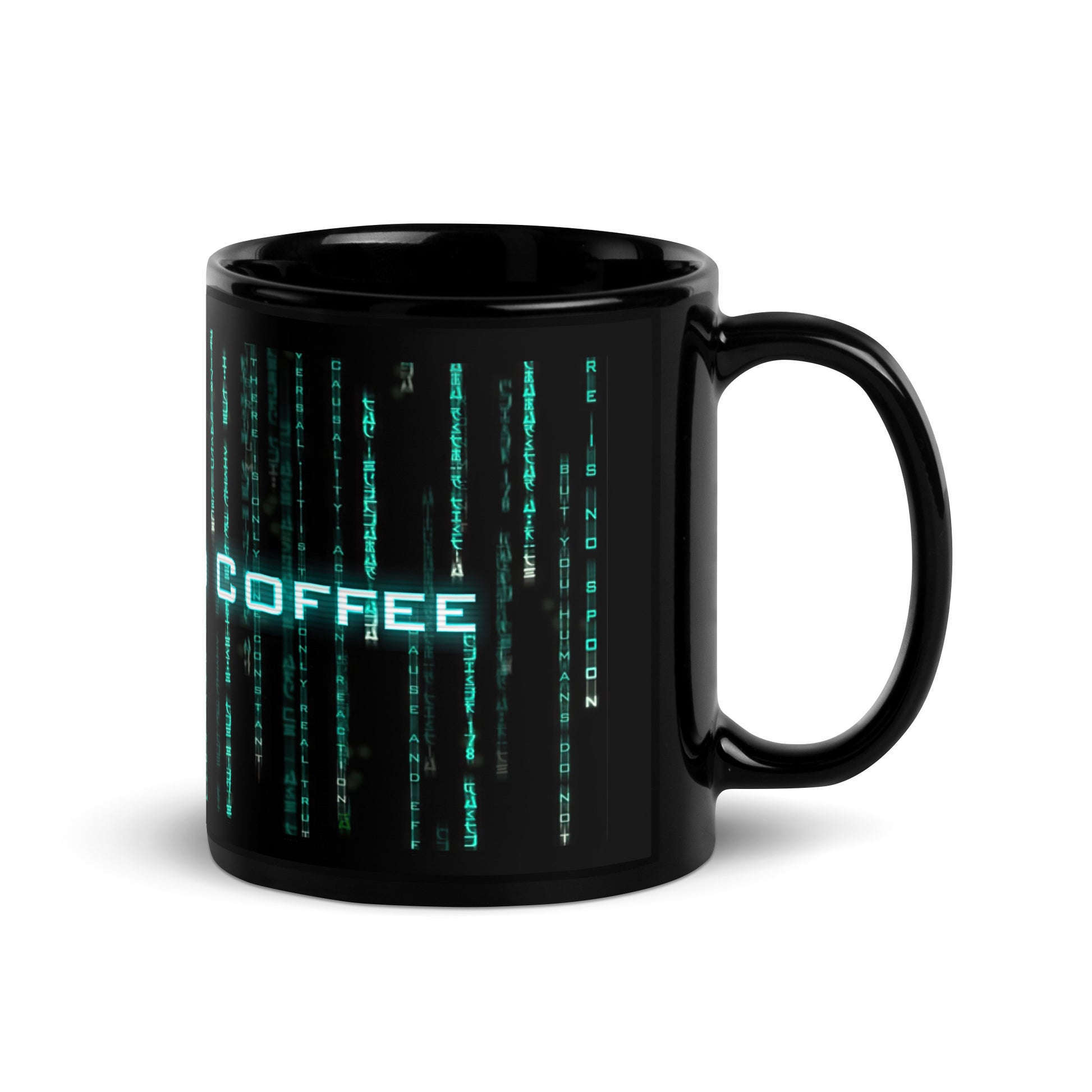 Black 11oz retro coffee mug with a Matrix themed design and the slogan ‘There is no Coffee’ with handle on the right.