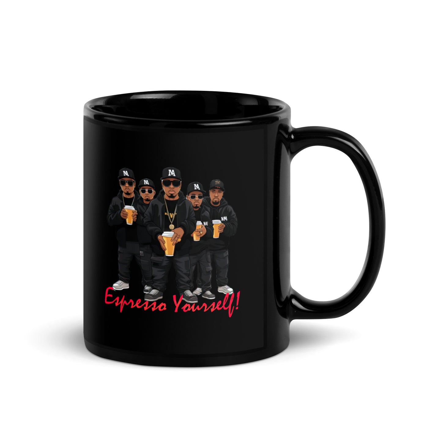 Black 11oz retro coffee mug featuring a rap group design with the slogan ‘Espresso Yourself!’ with handle on the right.