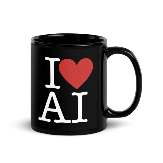 Black 11oz AI themed coffee mug with an I Love NY type slogan ‘I Love AI’ with handle on right.