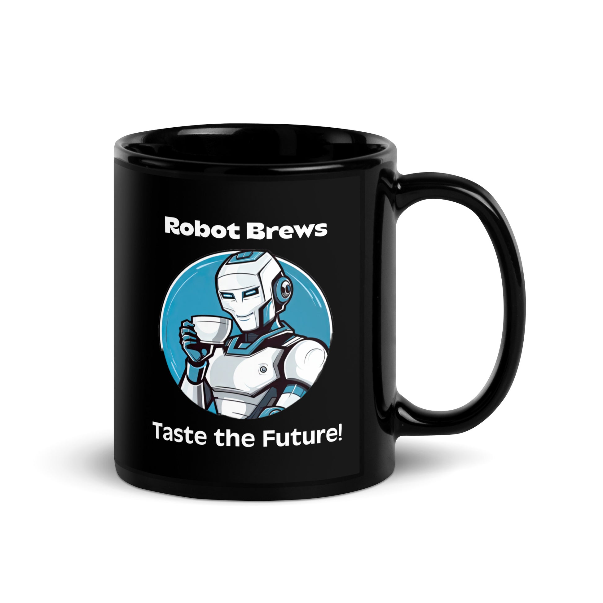 Black 11oz robot themed coffee mug with a robot with coffee mug and the slogan ‘Robot Brews: Taste the Future!’