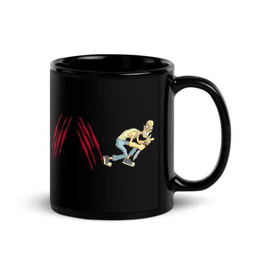 Black 11oz horror coffee mug with a knifeman design and slogan ‘Forward Slash. Backslash. Escape.’ with handle on the right.