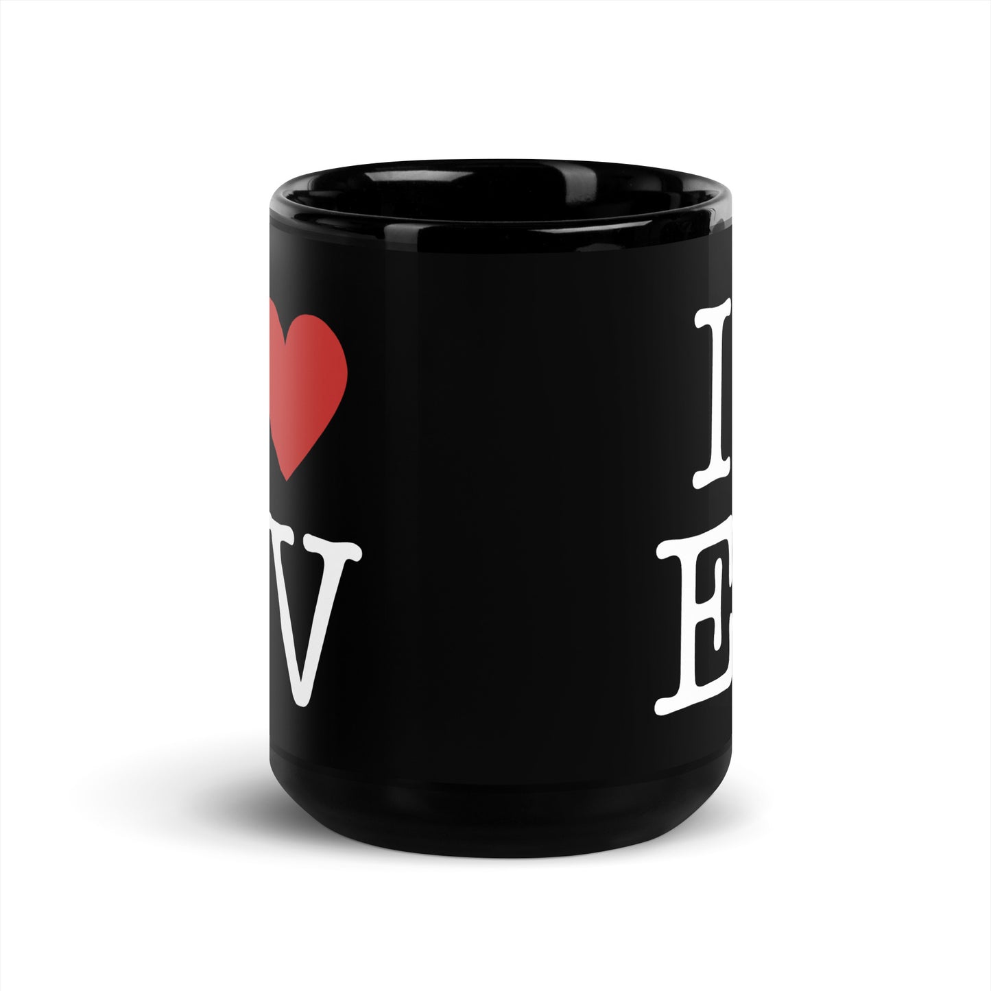 Black 15oz EV themed coffee mug with an I Love NY type slogan ‘I Love EV’.