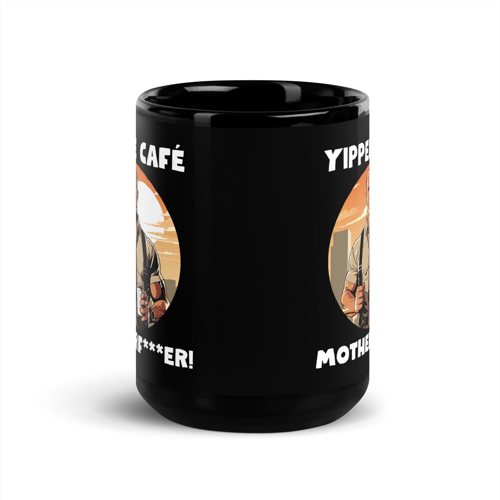 Black 15oz retro coffee mug with an 80s Die Hard cop holding a coffee mug and slogan that says, ‘Yippee Cafe Motherfu*ker!’