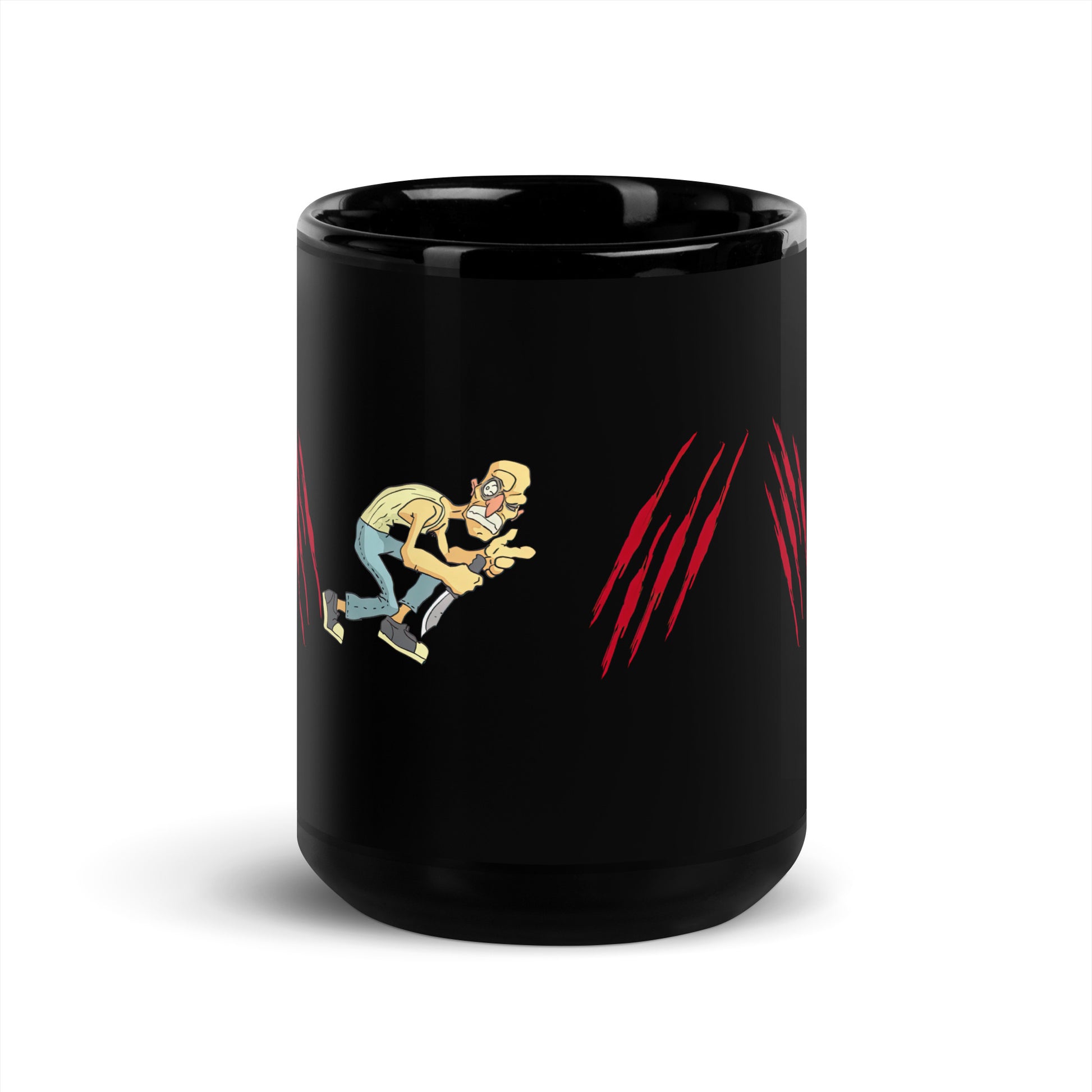 Black 15oz horror coffee mug with a knifeman design and slogan ‘Forward Slash. Backslash. Escape.’