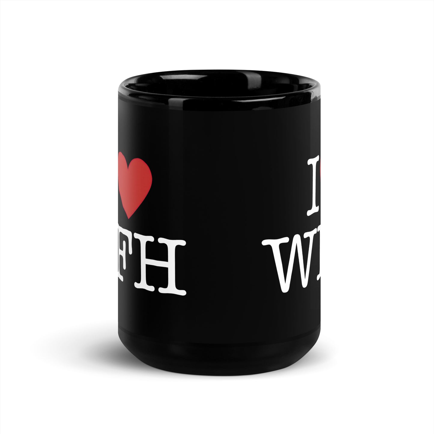 Black 15oz tech humor coffee mug with an I Love NY style design that reads ‘I Love WFH’.