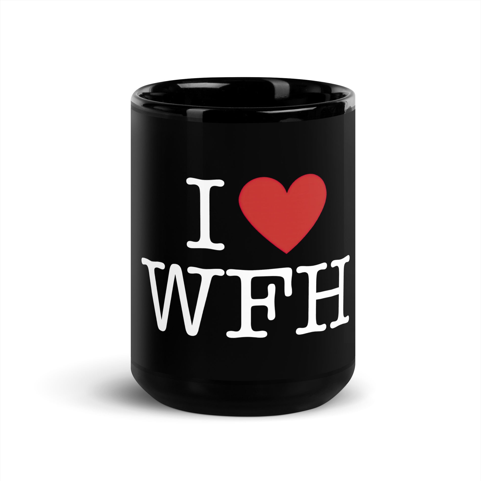 Black 15oz tech humor coffee mug with an I Love NY style design in the center that reads ‘I Love WFH’.