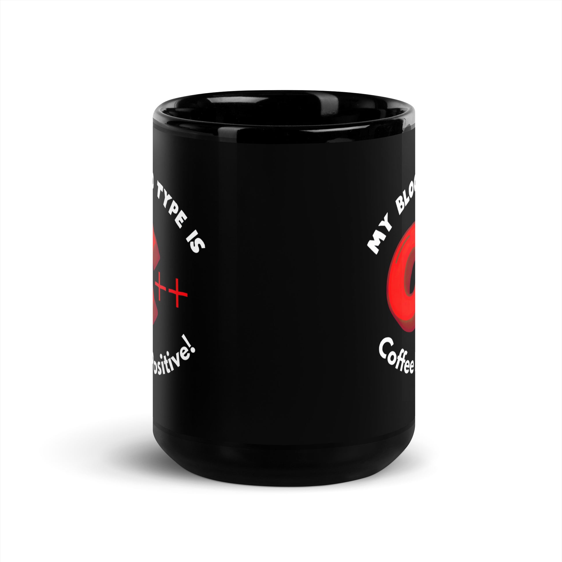 Black 15oz tech humor coffee mug with a C++ graphic and the slogan ‘My Blood Type is Coffee Positive!’