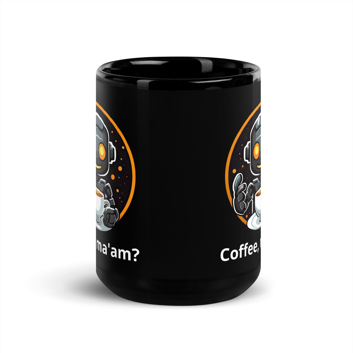 Black 15oz robot themed coffee mug featuring a robot barista design with the slogan “Coffee, ma’am?”