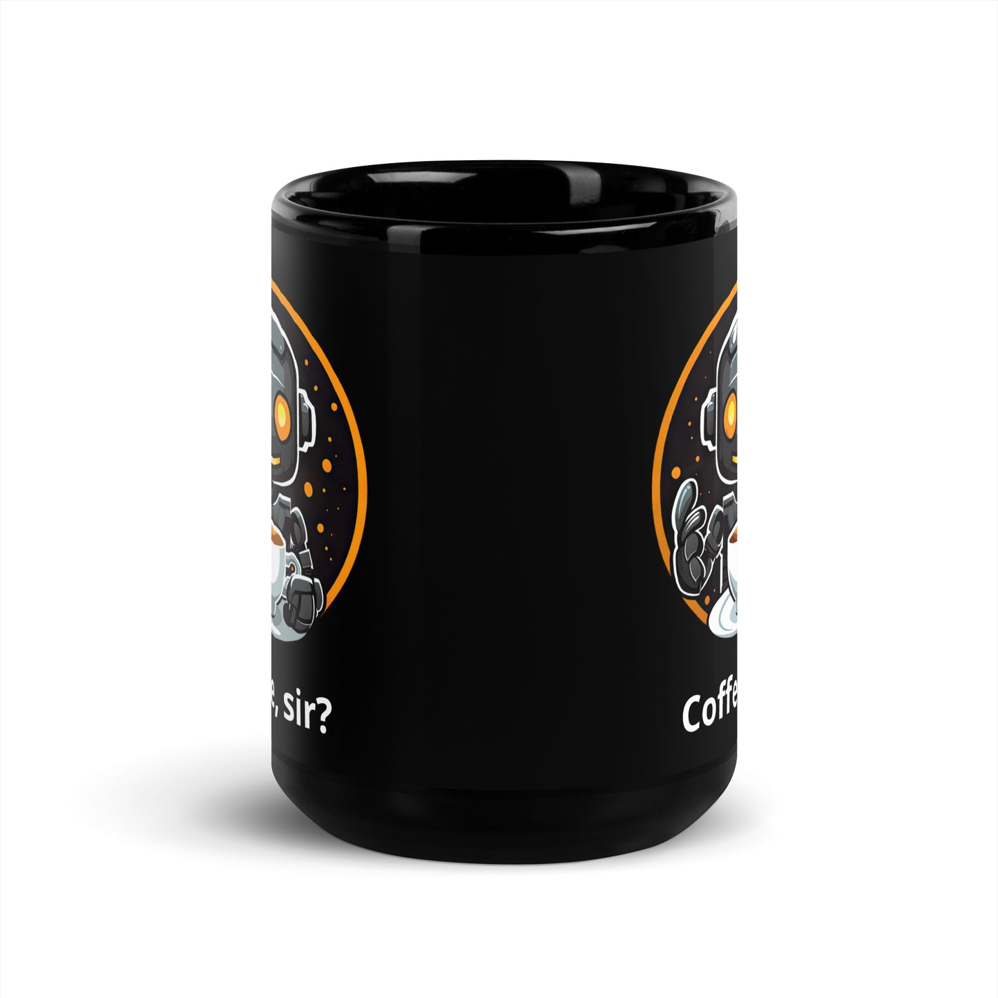 Black 15oz robot themed coffee mug featuring a robot barista design with the slogan “Coffee, sir?”