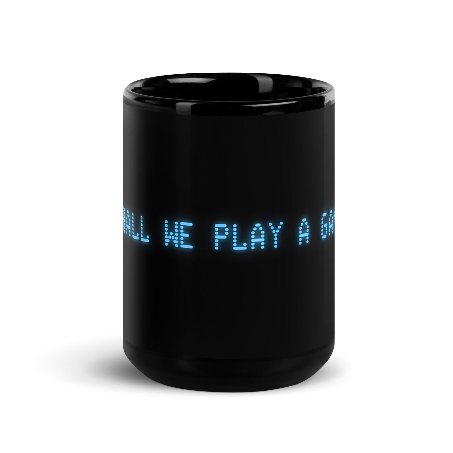 Black 15oz retro coffee mug with the slogan from the 80s movie Wargames, ‘Shall we play a game?’