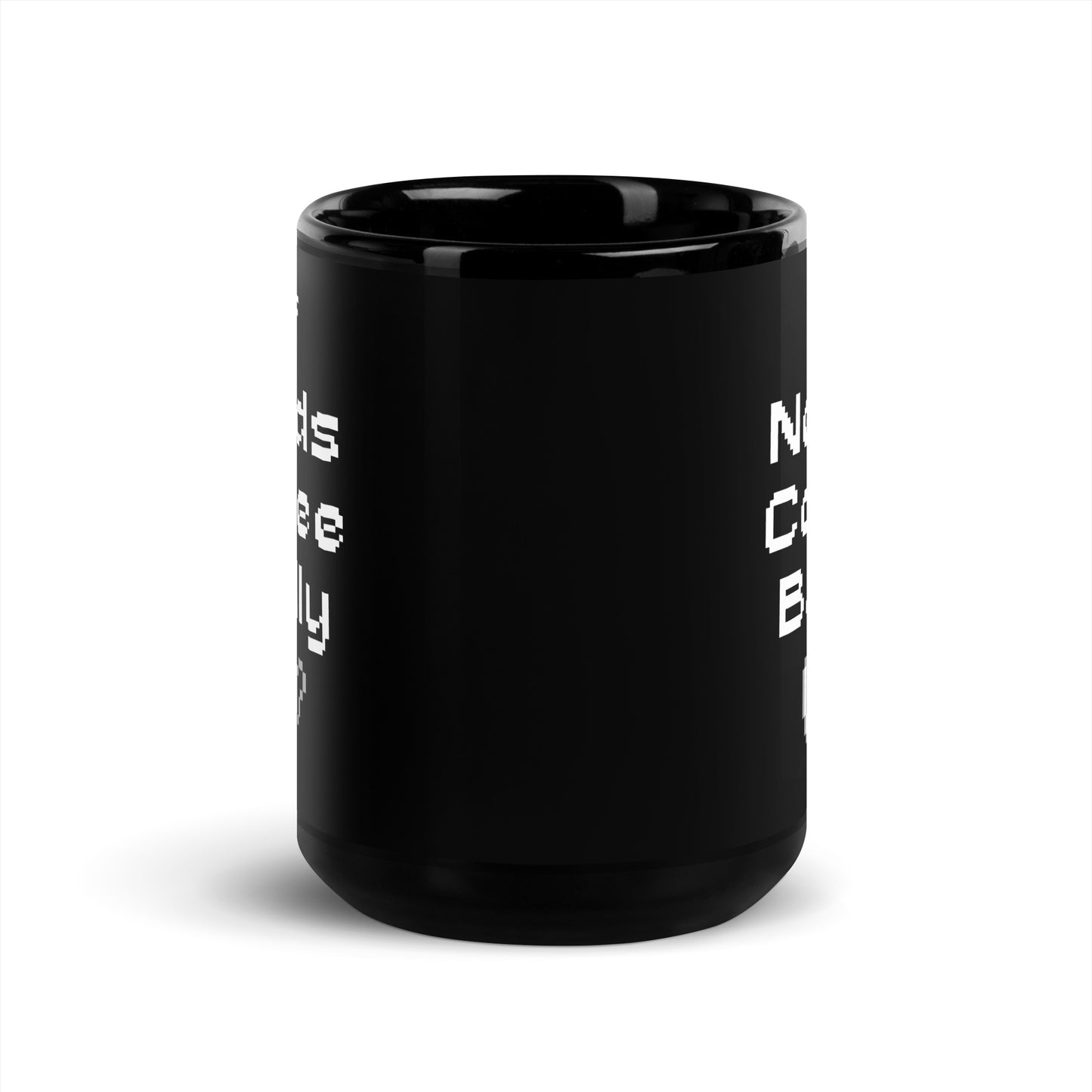 Black 15oz retro coffee mug featuring an ‘Elf Needs Coffee Badly’ video game design on cutting board.