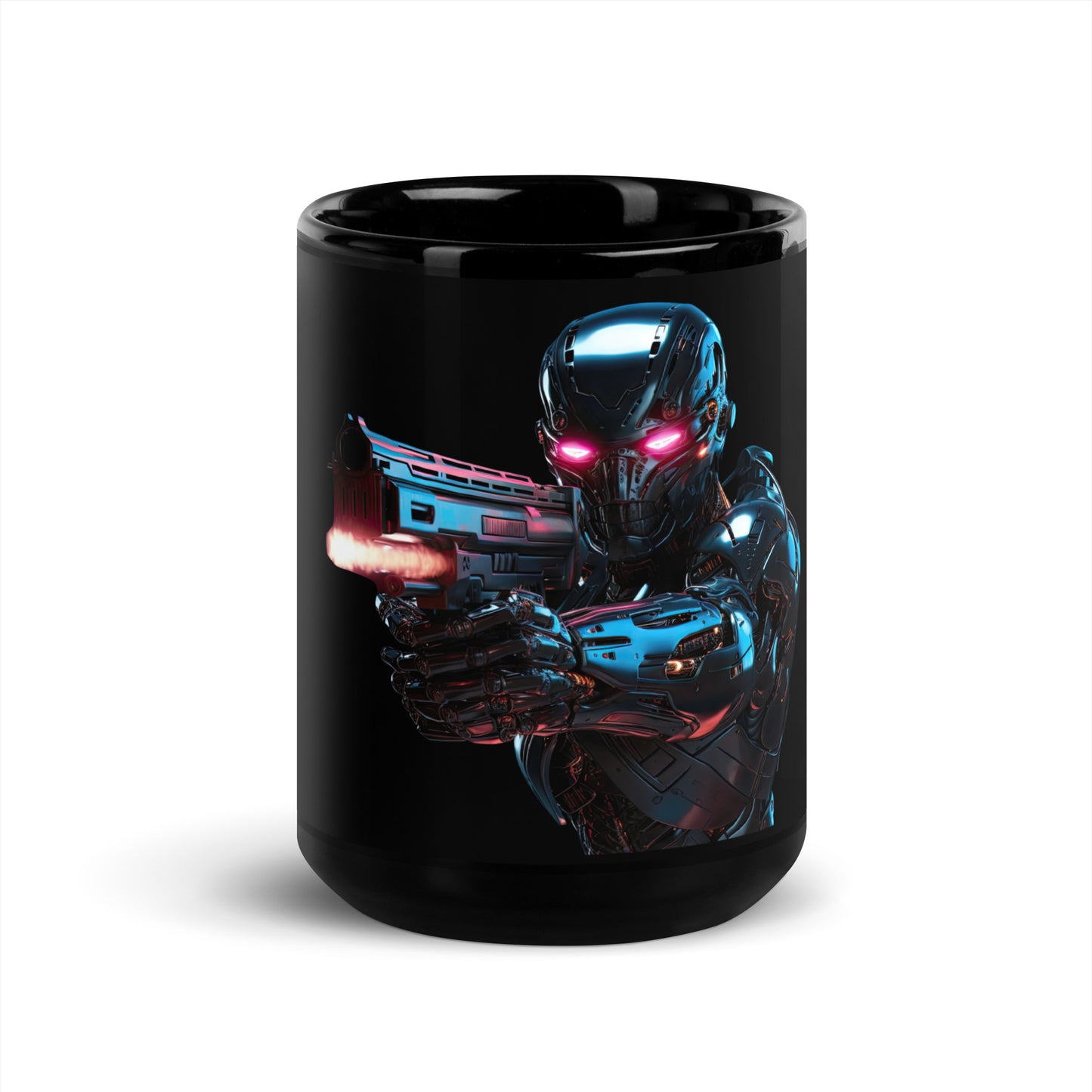 Black 15oz robot themed coffee mug featuring a futuristic Android Assassin design in the centre.