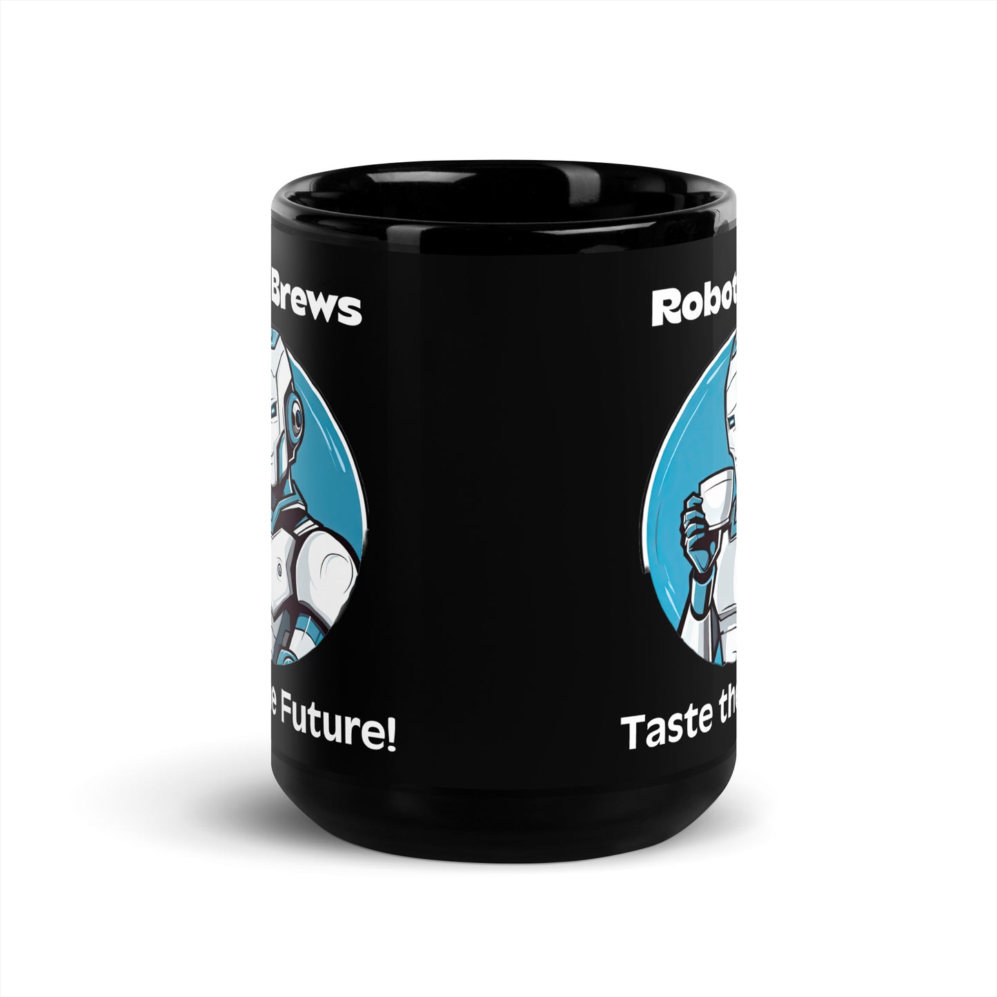 Black 15oz robot themed coffee mug with a robot with coffee mug and the slogan ‘Robot Brews: Taste the Future!’