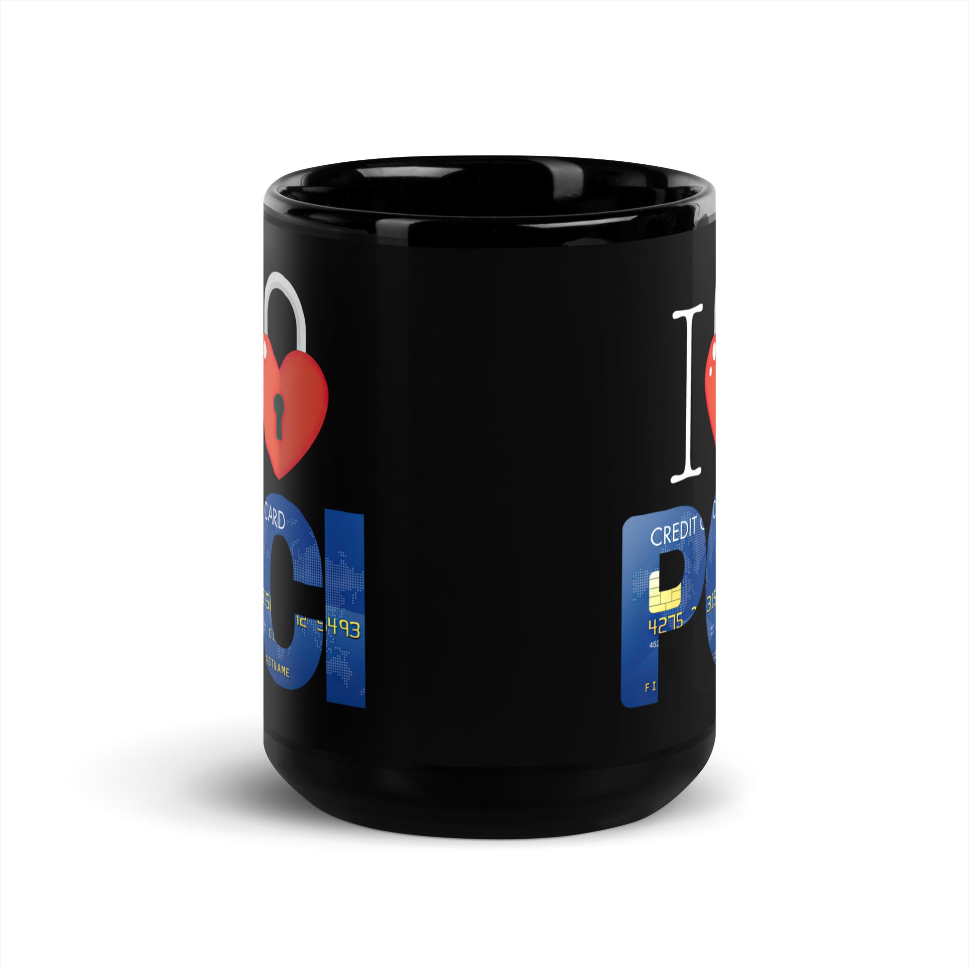 Black 15oz tech humor coffee mug with an I Love NY style design that reads ‘I Love PCI’.