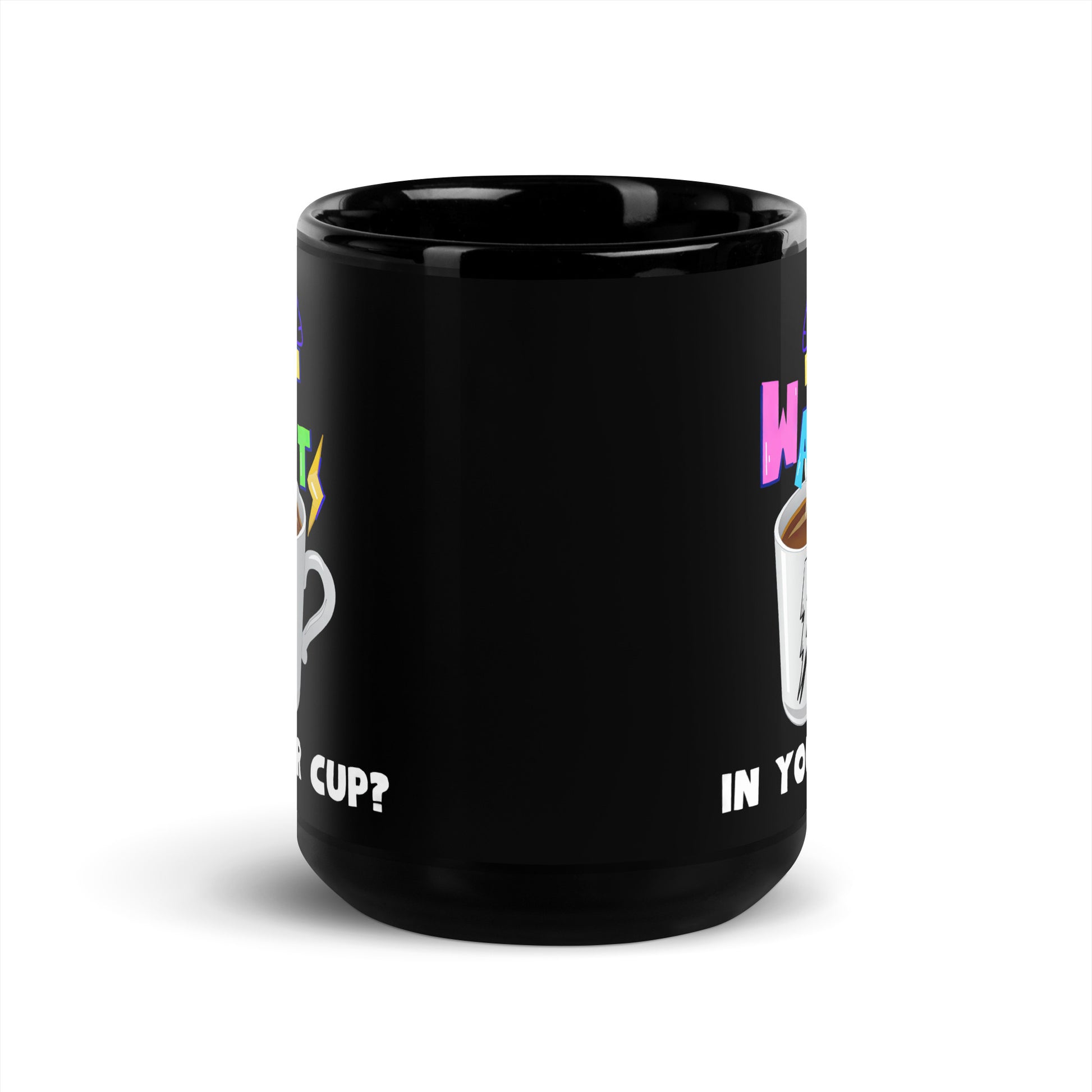 Black 15oz EV themed coffee mug with a coffee mug and electricity that says, ‘Watts in Your Cup?’