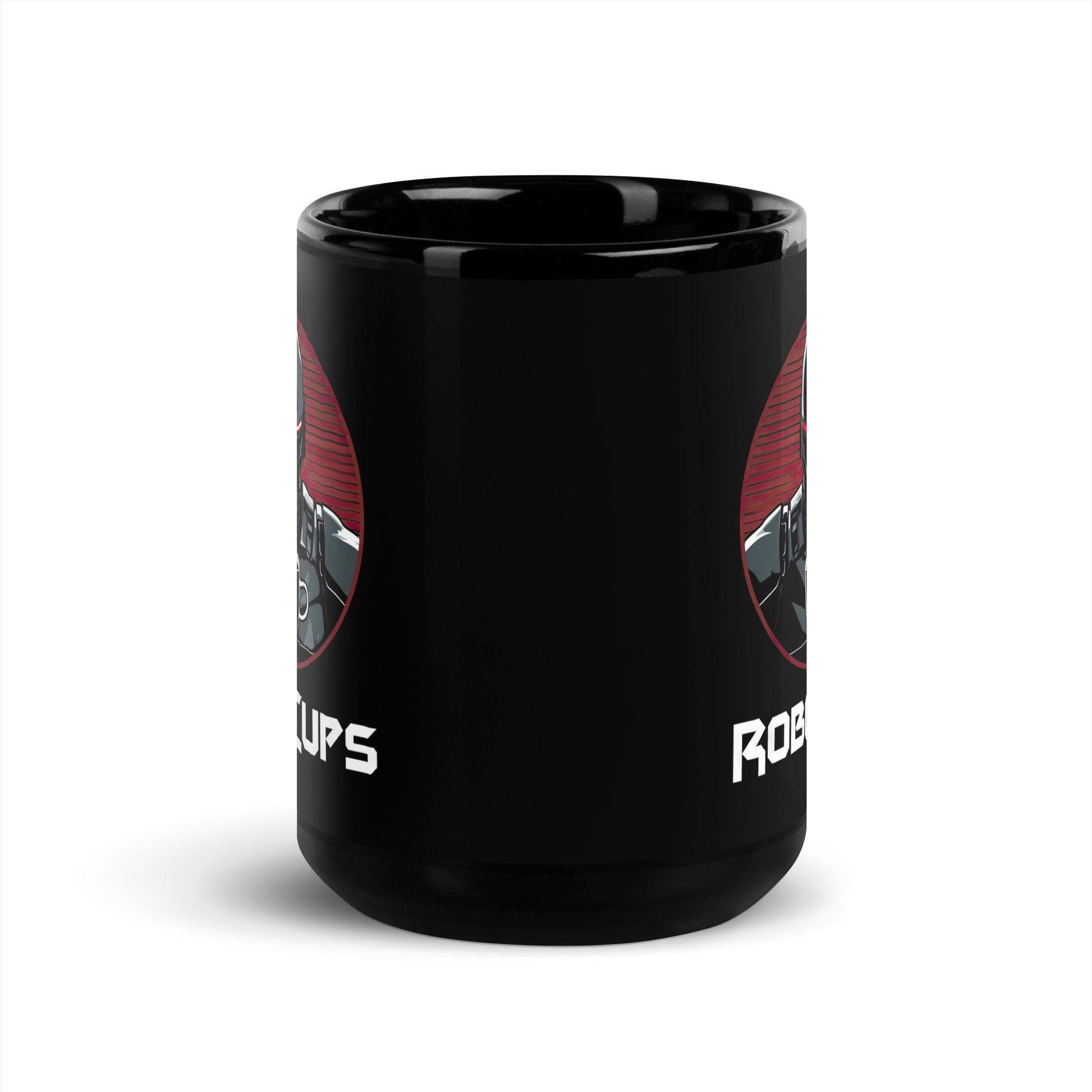 Black 15oz coffee mug with the company logo of RoboCups on it. A robot with coffee mug and the word ‘RoboCups’ underneath.