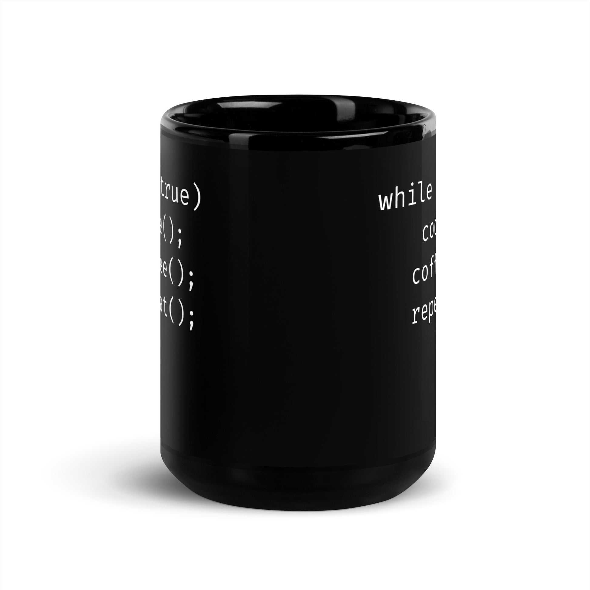 Black 15oz tech humor coffee mug featuring slogan “Code. Coffee. Repeat.” in code.