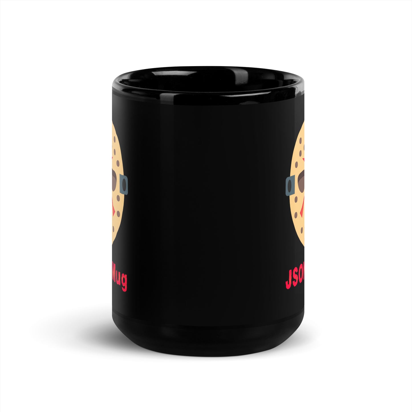 Black 15oz tech humor horror coffee mug with a hockey mask design that reads ‘JSON's Mug’.