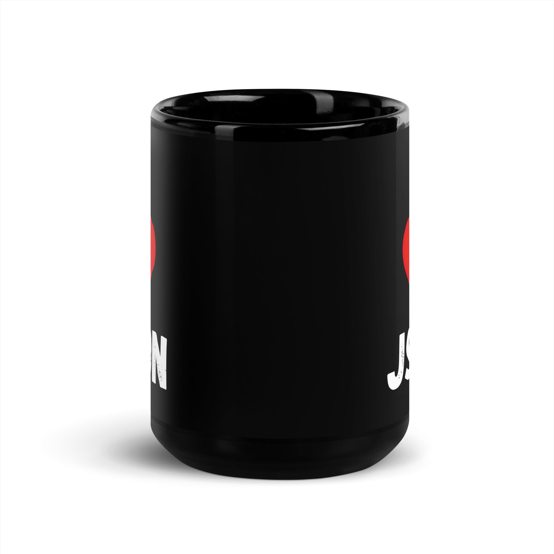 Black 15oz tech humor coffee mug with a design slogan ‘I Love JSON’ 