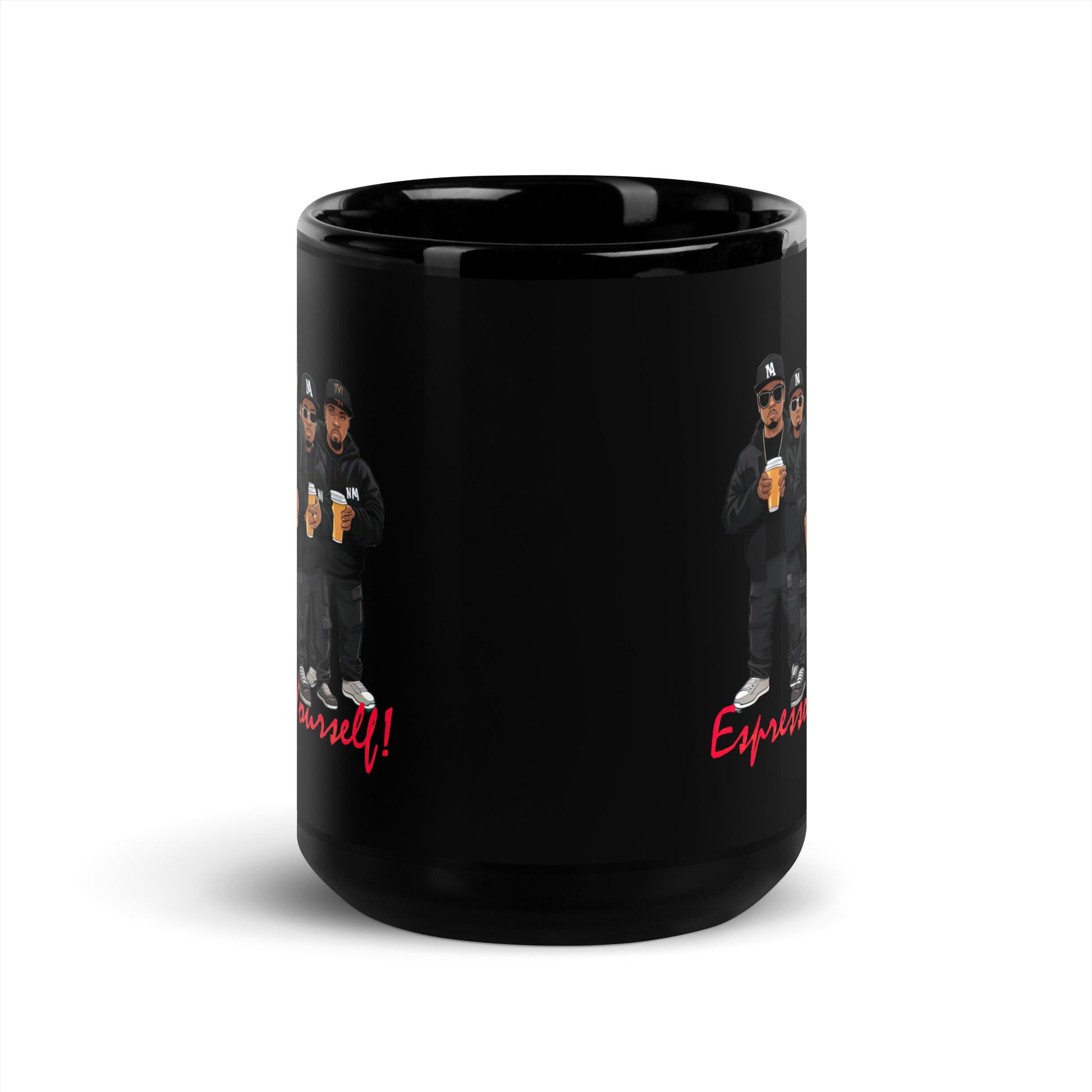 Black 15oz retro coffee mug featuring a rap group design with the slogan ‘Espresso Yourself!’