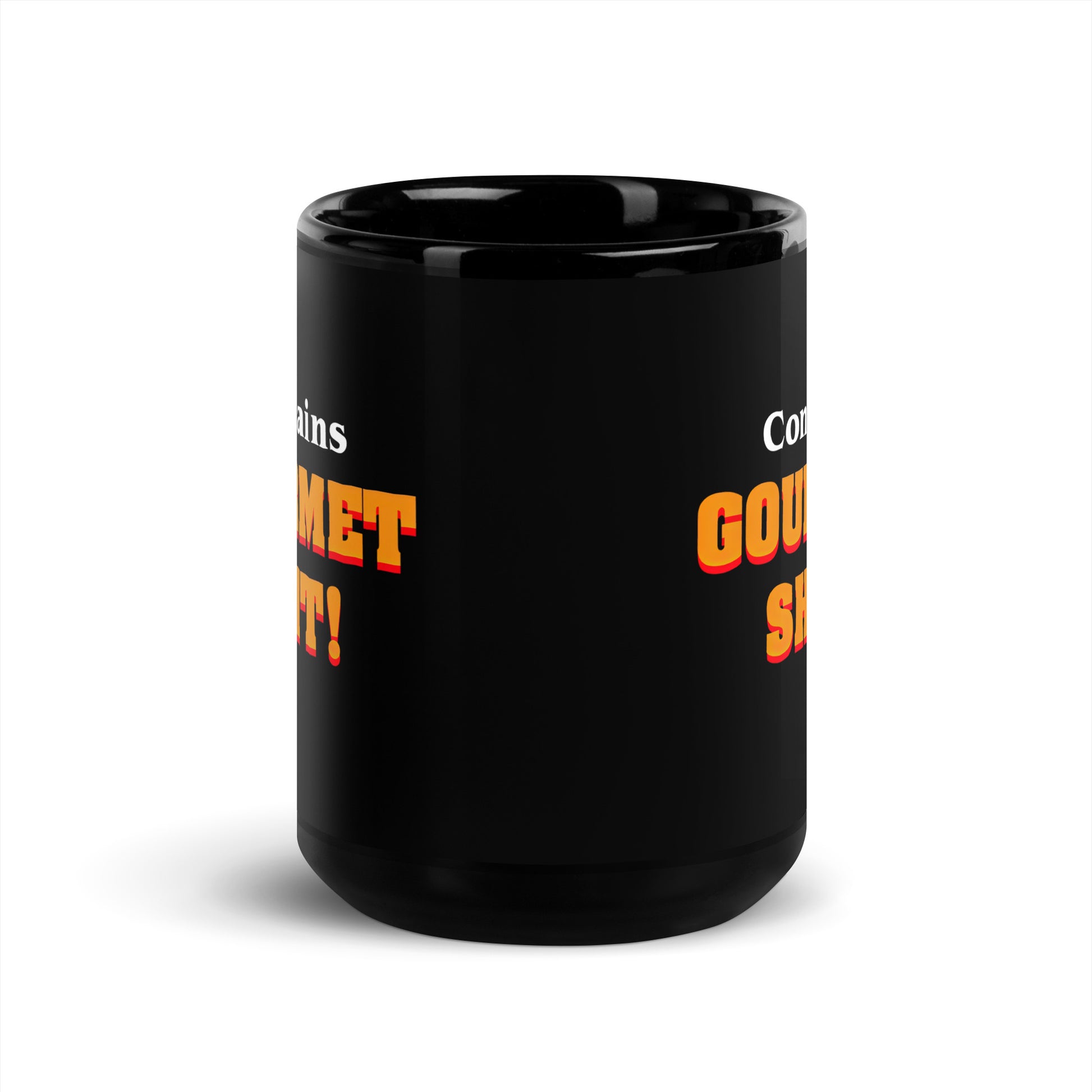 Black 15oz retro humor coffee mug featuring slogan “Contains Gourmet Shit!” at centre of mug.