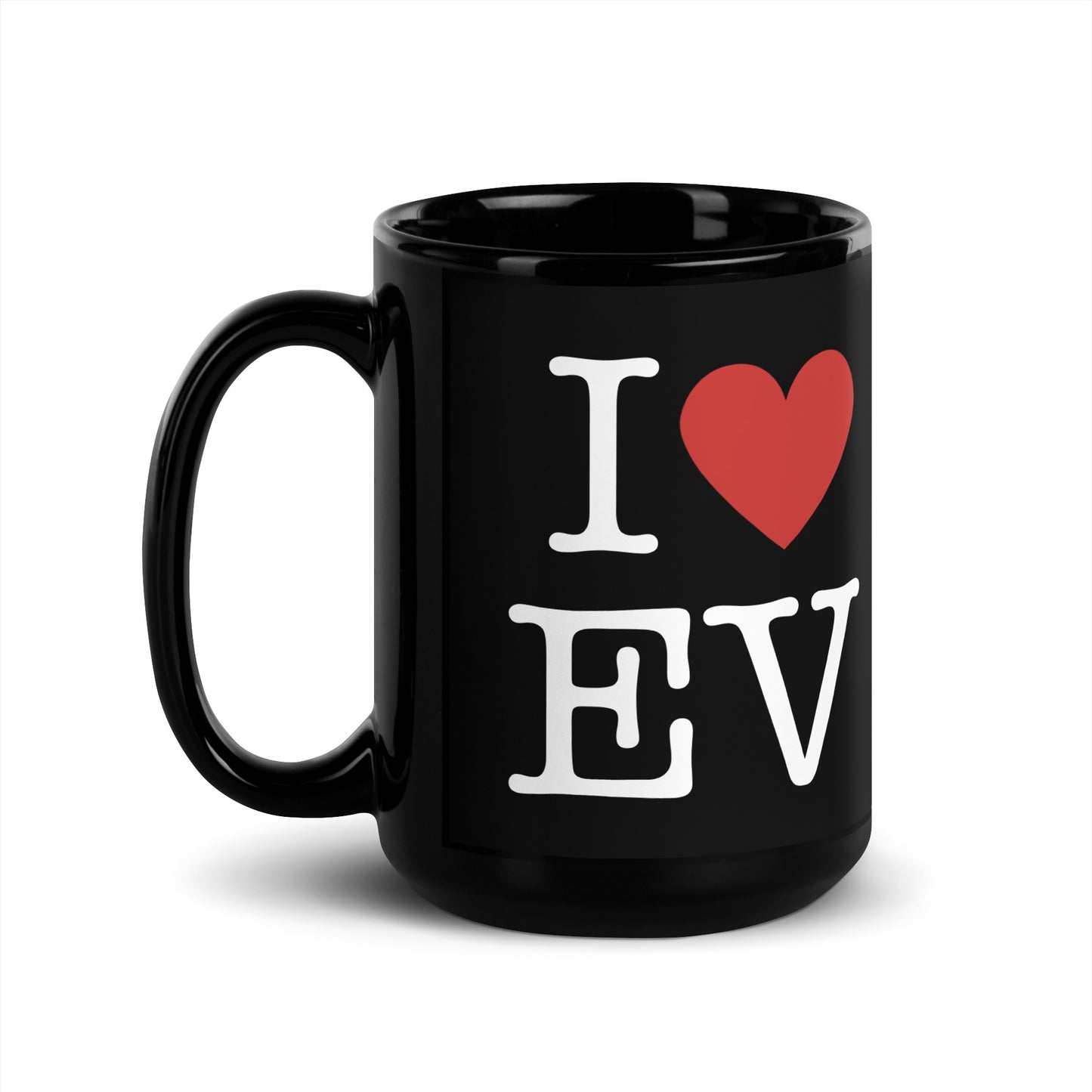 Black 15oz EV themed coffee mug with an I Love NY type slogan ‘I Love EV’ with handle on left.