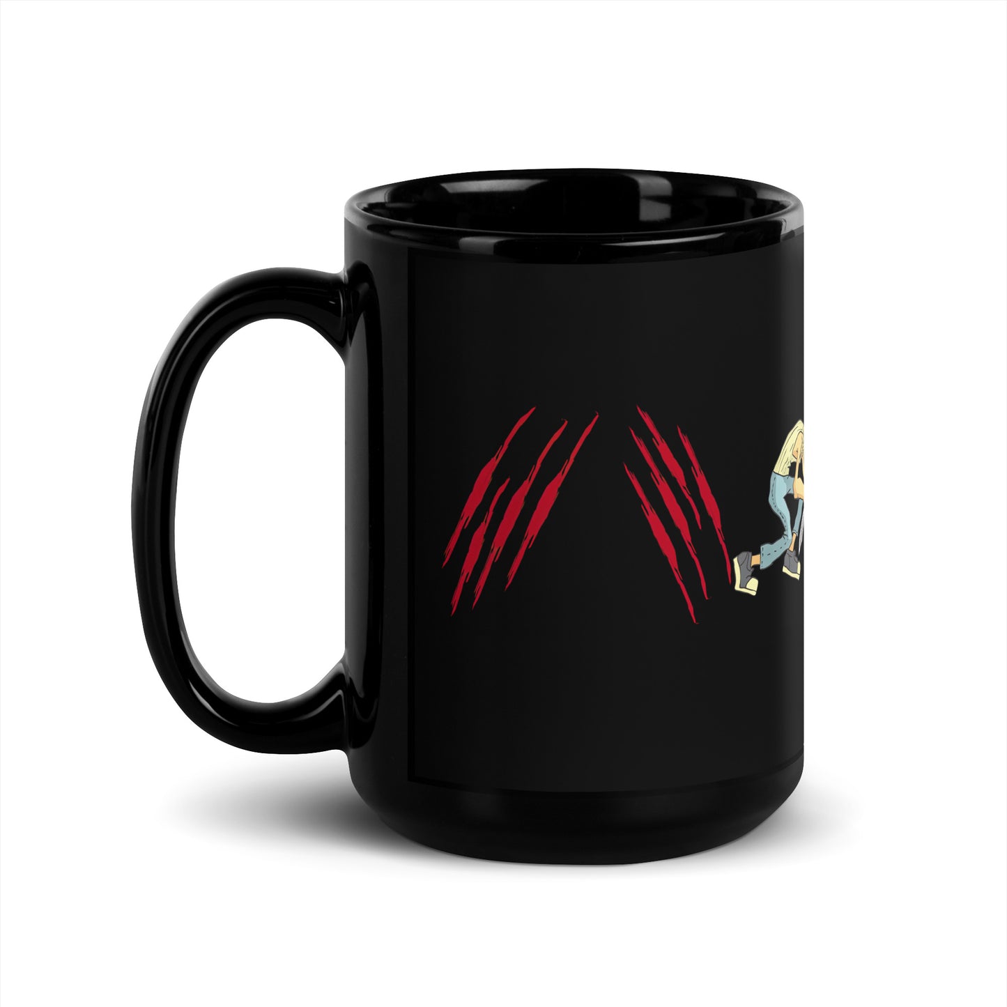 Black 15oz horror coffee mug with a knifeman design and slogan ‘Forward Slash. Backslash. Escape.’ with handle on the left.