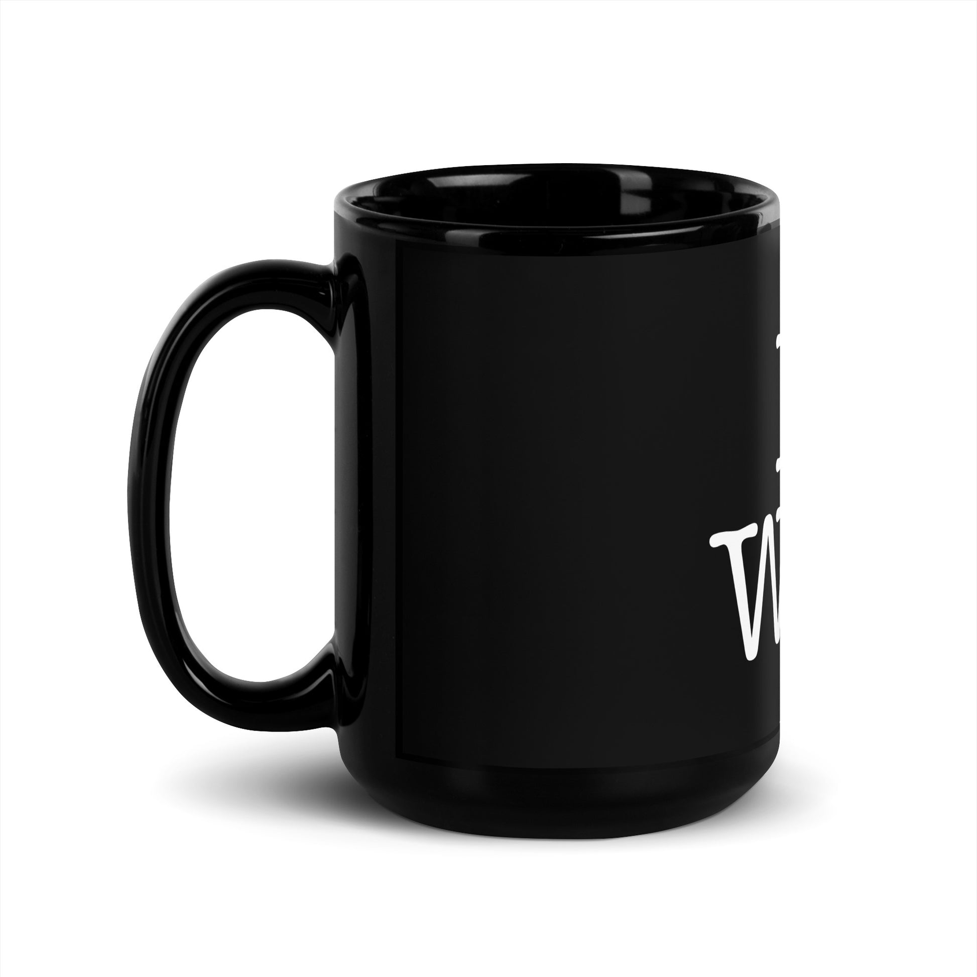 Black 15oz tech humor coffee mug with an I Love NY style design in the center that reads ‘I Love WFH’ with handle on left.