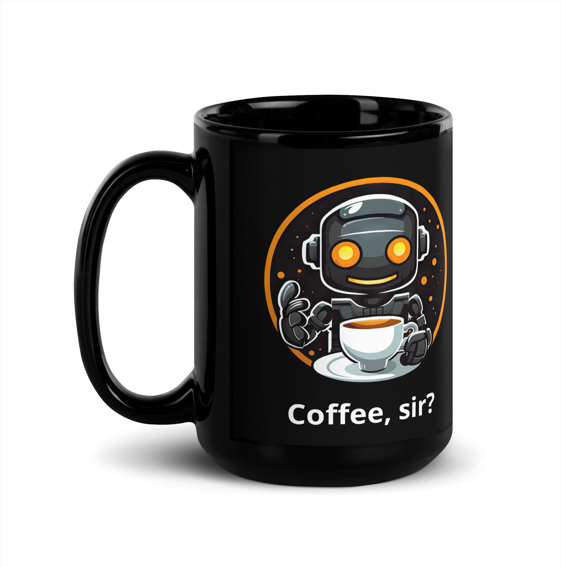 Black 15oz robot themed coffee mug featuring a robot barista design with the slogan “Coffee, sir?” with handle on the left.