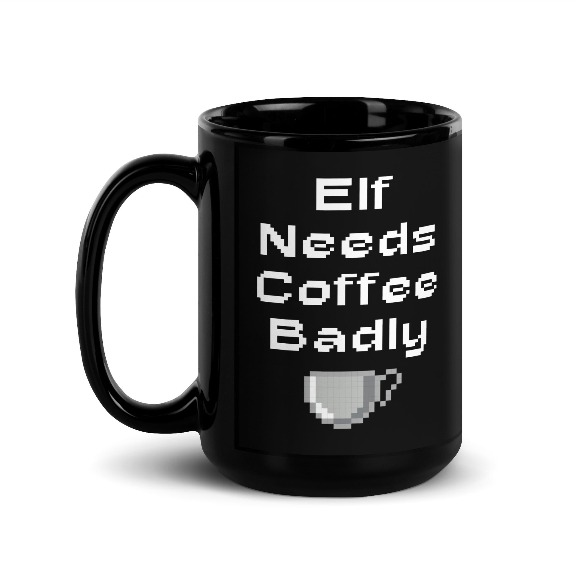 Black 15oz retro coffee mug featuring an ‘Elf Needs Coffee Badly’ video game design with handle on the left.