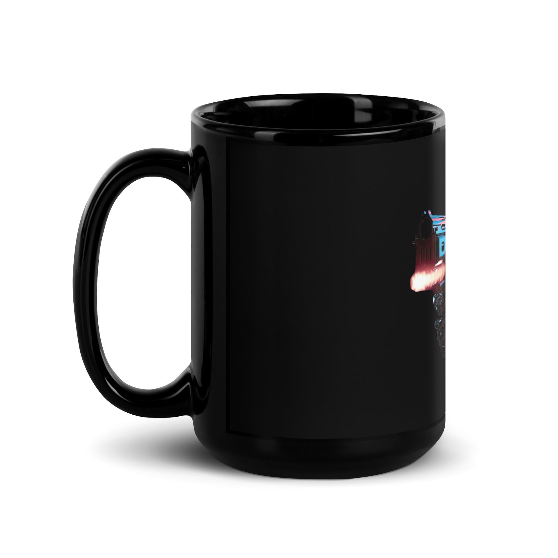 Black 15oz robot themed coffee mug featuring a futuristic Android Assassin design with handle on the left.