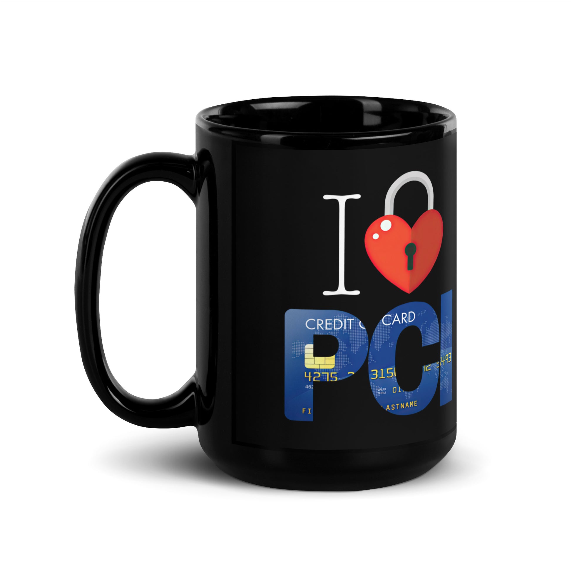 Black 15oz tech humor coffee mug with an I Love NY style design that reads ‘I Love PCI’ with handle on left.