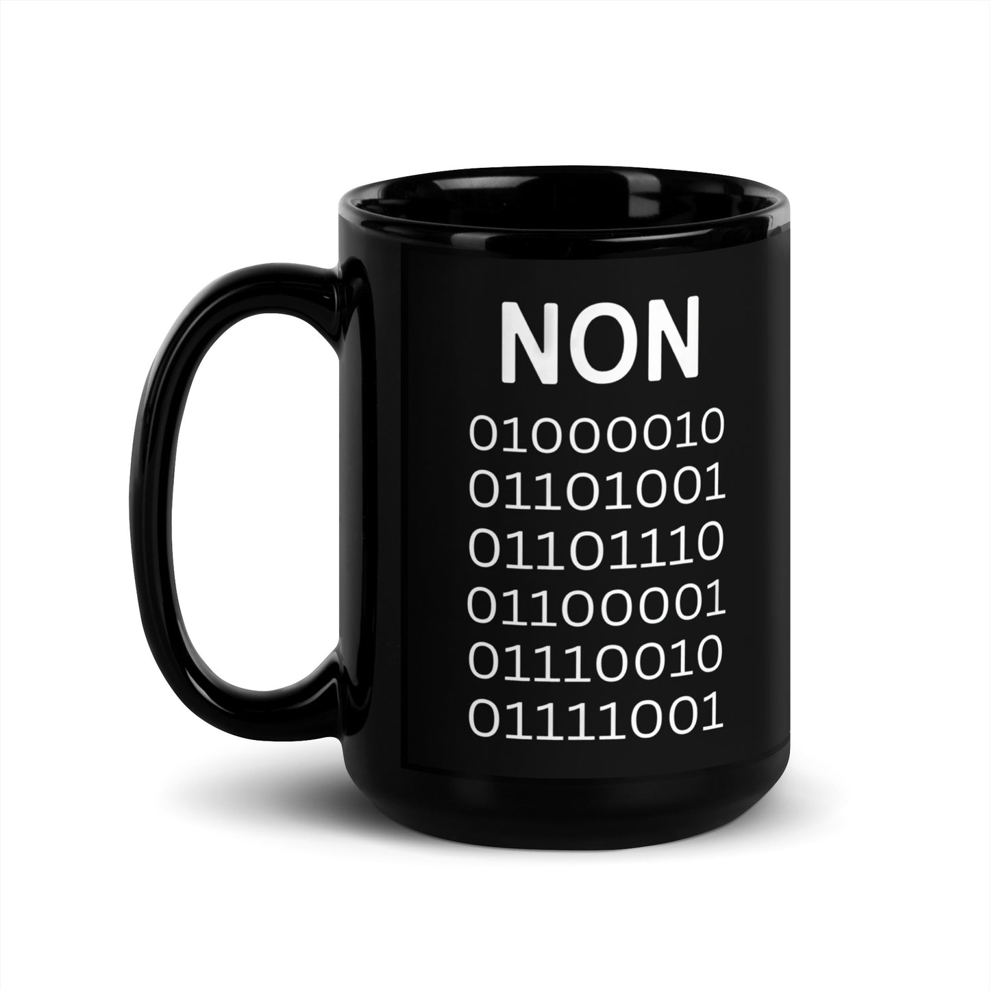 Black 15oz tech humor coffee mug with ‘Binary’ displayed in code under the word “Non’ with handle on the left.