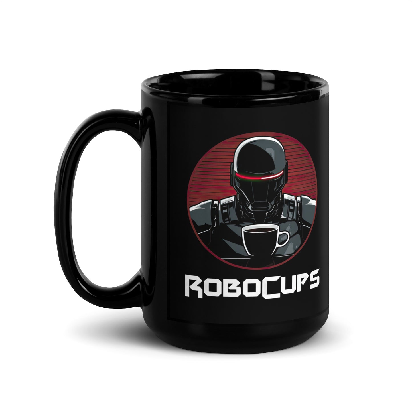 Black 15oz coffee mug with the company logo of RoboCups on it. A robot with coffee mug and the word ‘RoboCups’ underneath.