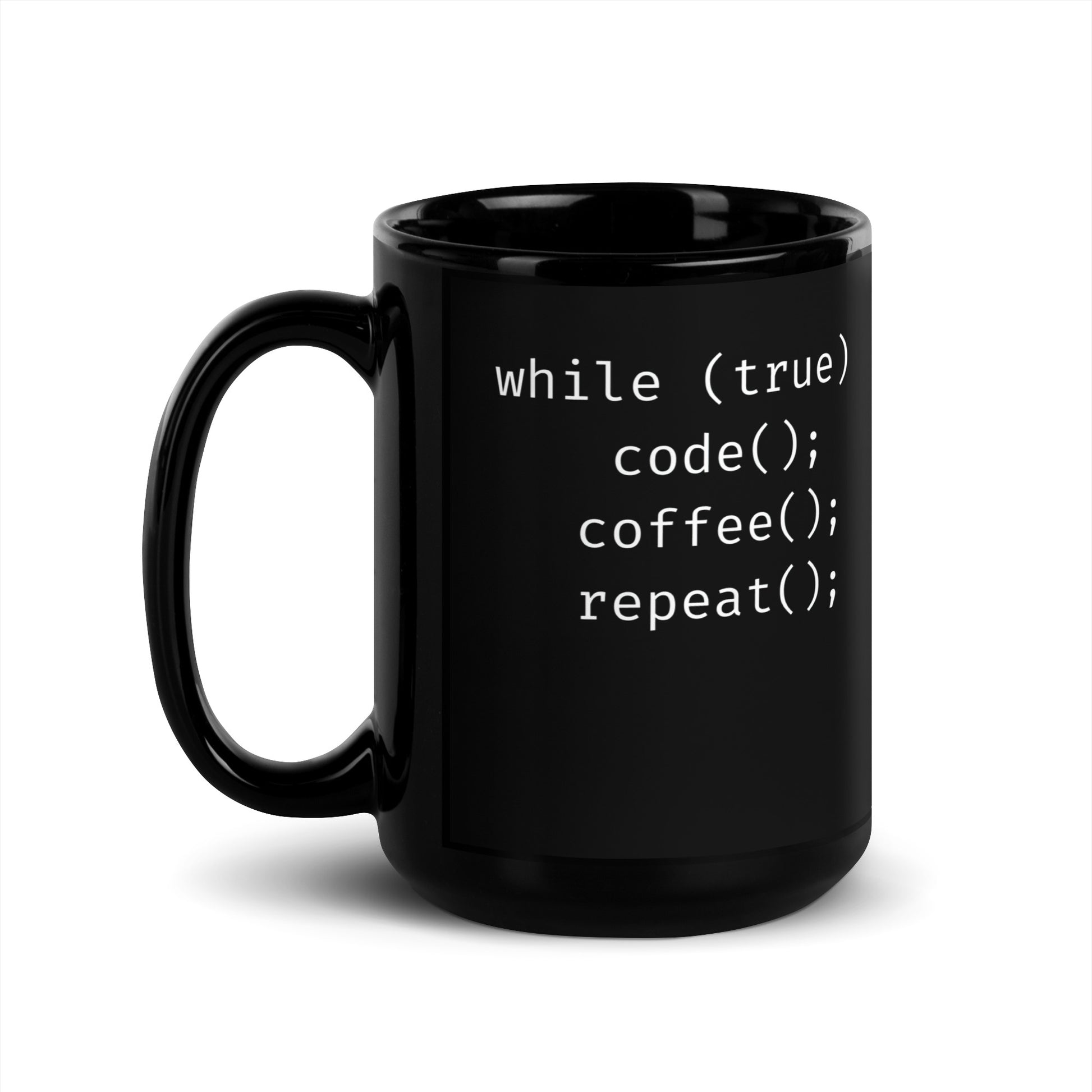 Black 15oz tech humor coffee mug featuring slogan “Code. Coffee. Repeat.” in code with handle on the left.