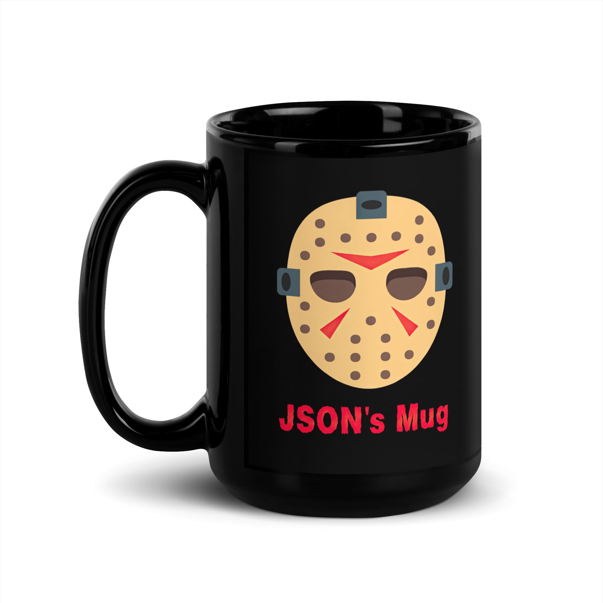 Black 15oz tech humor horror coffee mug with a hockey mask design that reads ‘JSON's Mug’ handle on the left.