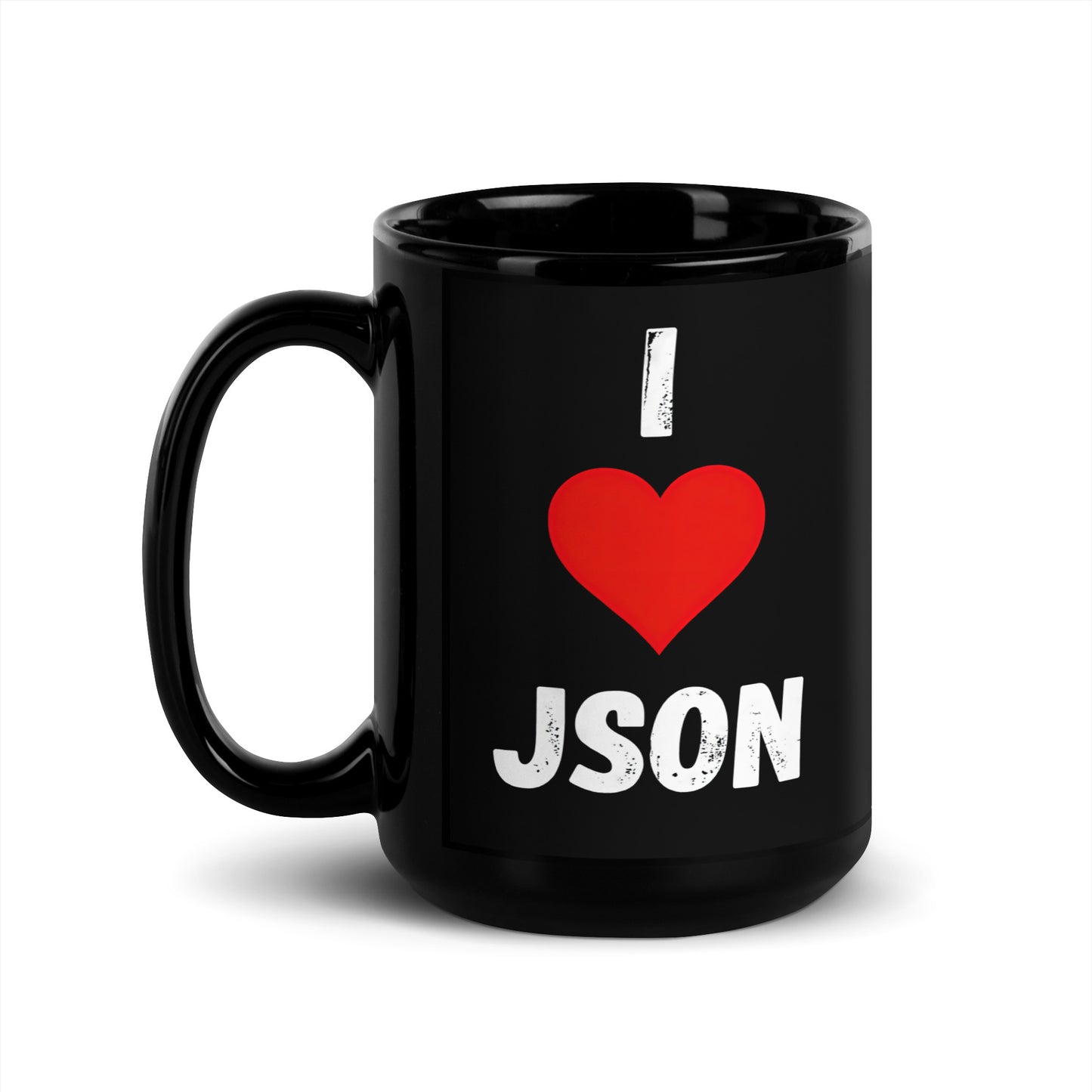 Black 15oz tech humor coffee mug with a design slogan ‘I Love JSON’ with handle on left.