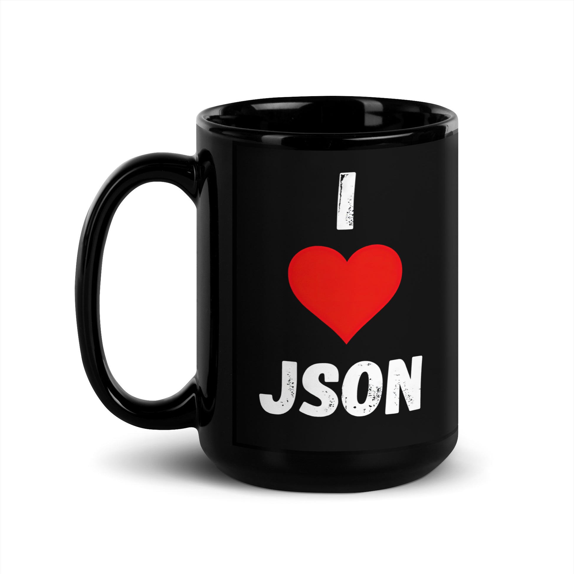 Black 15oz tech humor coffee mug with a design slogan ‘I Love JSON’ with handle on left.
