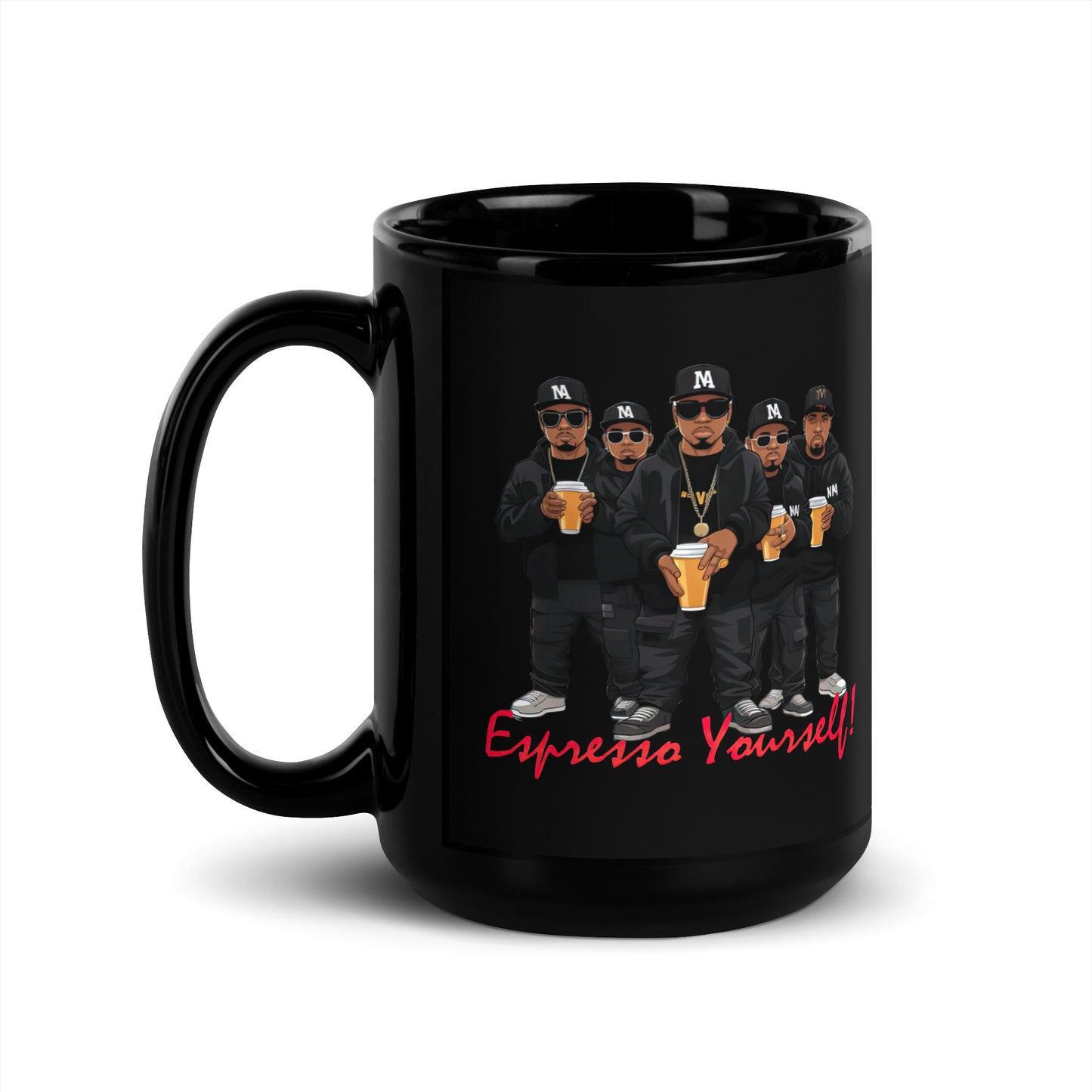 Black 15oz retro coffee mug featuring a rap group design with the slogan ‘Espresso Yourself!’ with handle on the left.