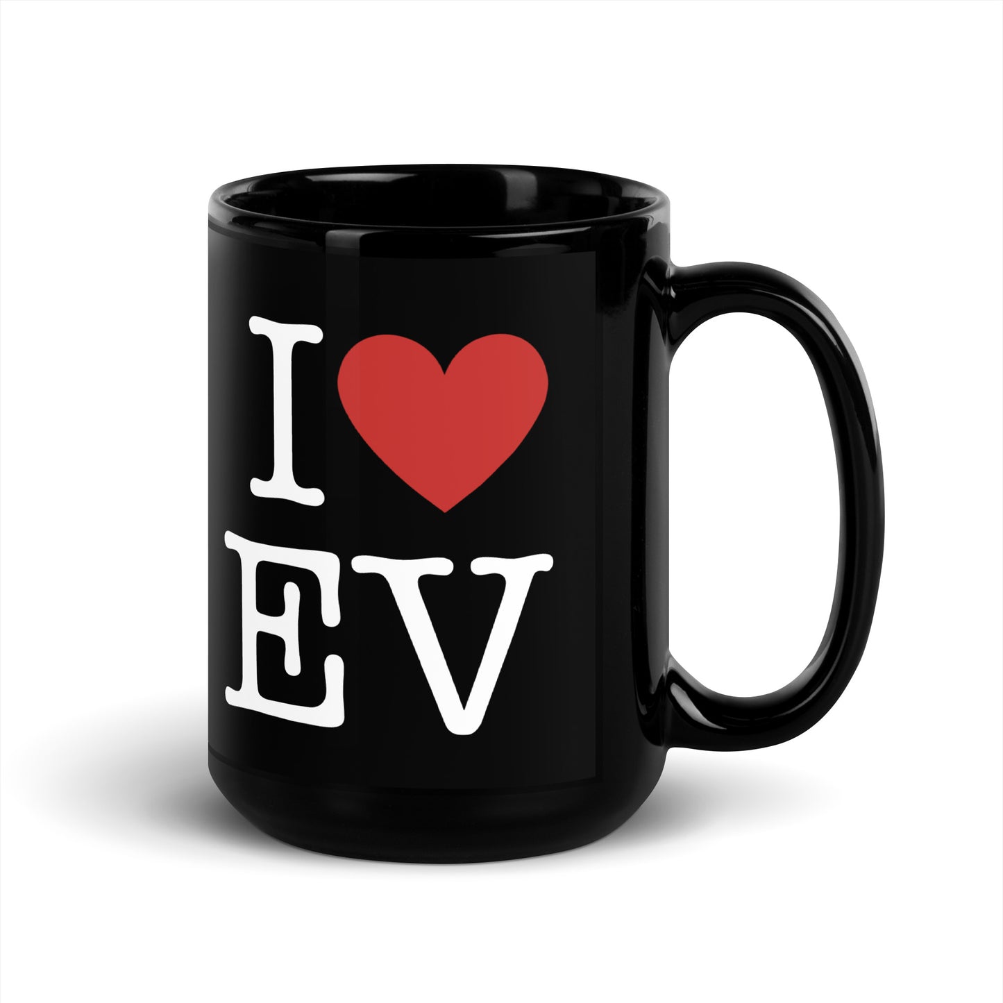 Black 15oz EV themed coffee mug with an I Love NY type slogan ‘I Love EV’ with handle on right.