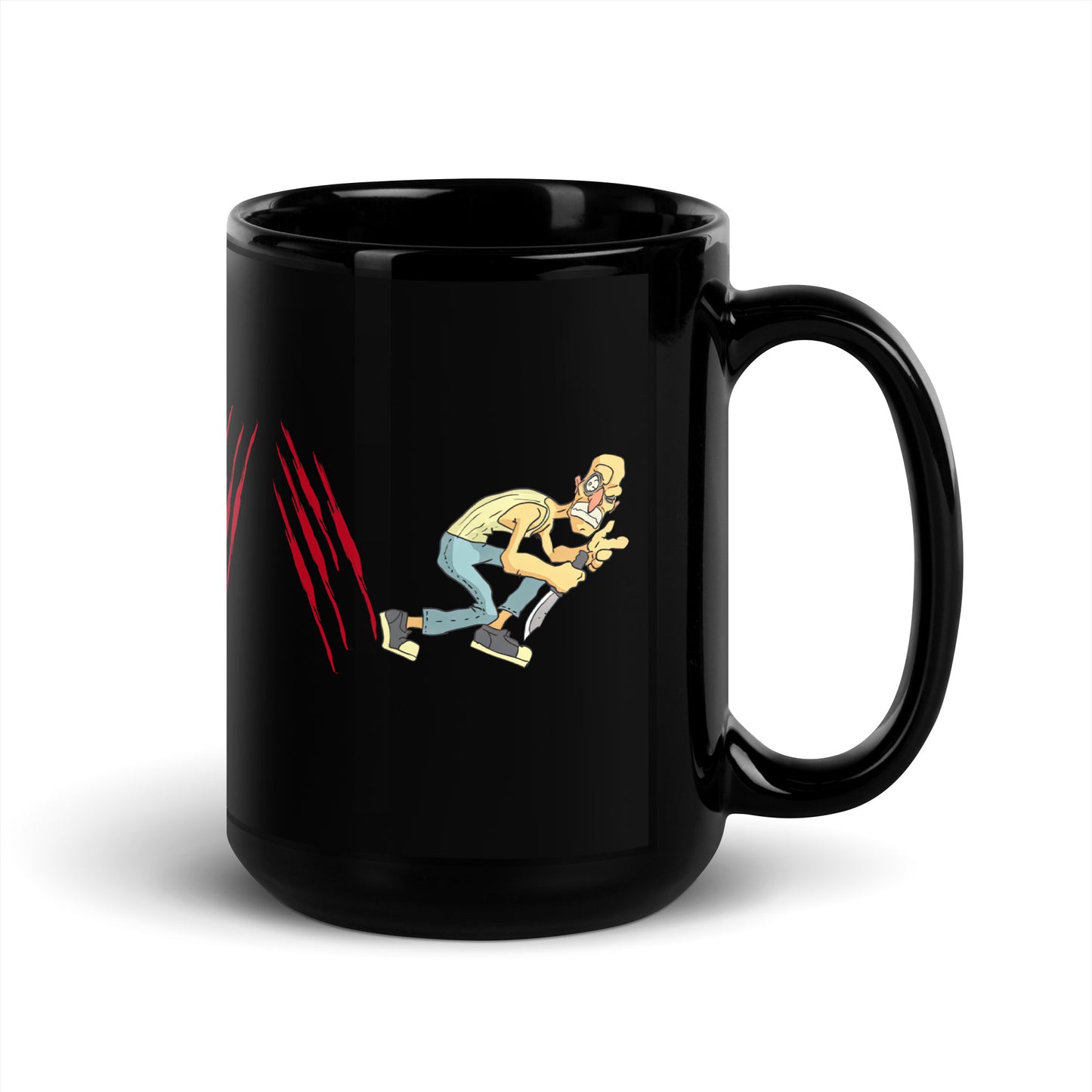 Black 15oz horror coffee mug with a knifeman design and slogan ‘Forward Slash. Backslash. Escape.’ with handle on the right.