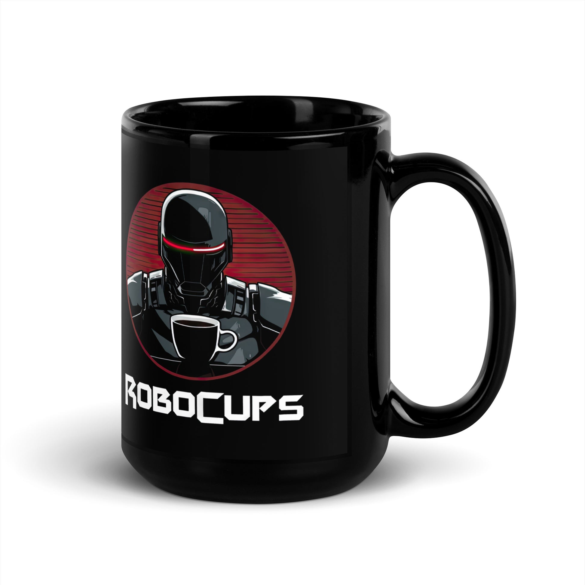 Black 15oz coffee mug with the company logo of RoboCups on it. A robot with coffee mug and the word ‘RoboCups’ underneath.