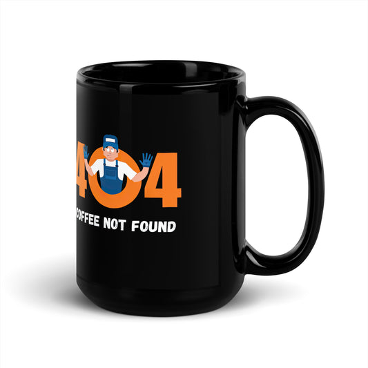 Black 15oz tech humor coffee mug featuring slogan “404 Coffee Not Found” with handle on the right.