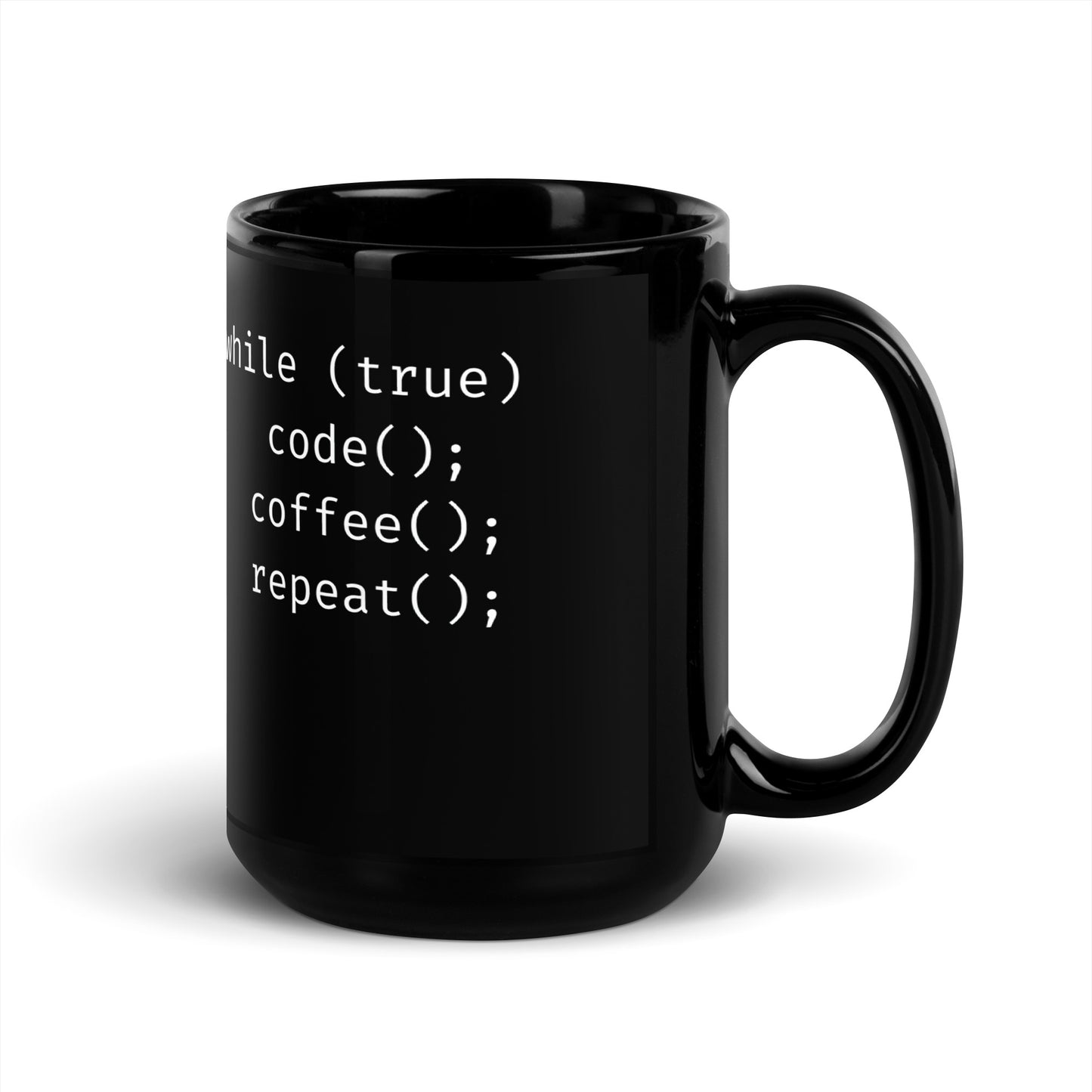 Black 15oz tech humor coffee mug featuring slogan “Code. Coffee. Repeat.” in code with handle on the right.