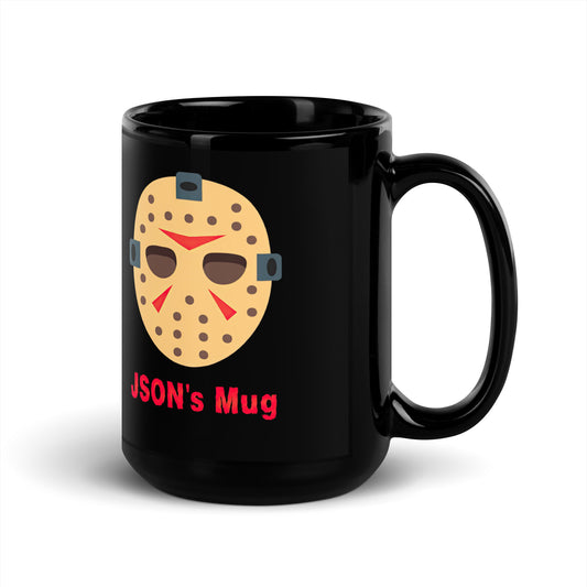 Black 15oz tech humor horror coffee mug with a hockey mask design that reads ‘JSON's Mug’ handle on the right.