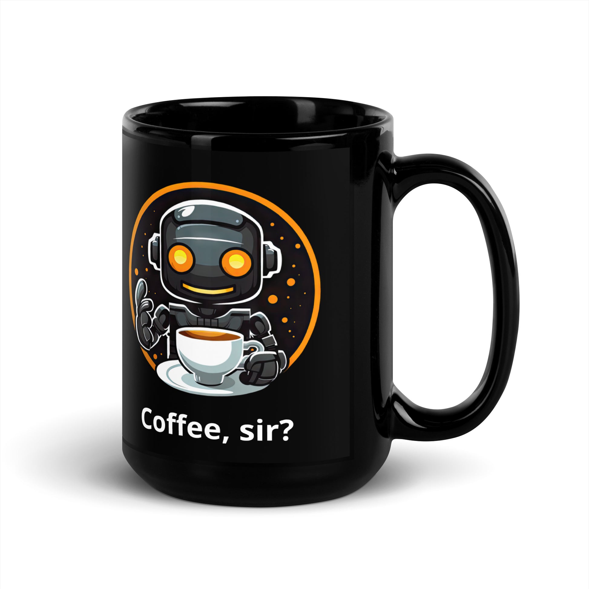 Black 15oz robot themed coffee mug featuring a robot barista design with the slogan “Coffee, sir?” with handle on the right